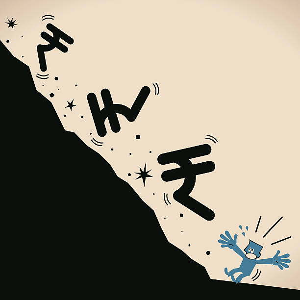 Recession falling Rupee currency sign hitting fresh low, investor escape vector art illustration
