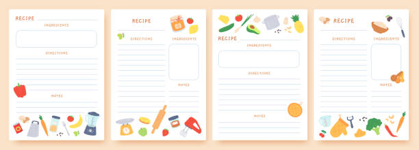 Recipe cards. Pages for culinary book decorated with ingredients and kitchen utensils. Food preparation icons. Cook card template vector set Recipe cards. Pages for culinary book decorated with ingredients and kitchen utensils. Food preparation icons. Cook card template vector set. Place for directions and notes with appliances and product recipe stock illustrations