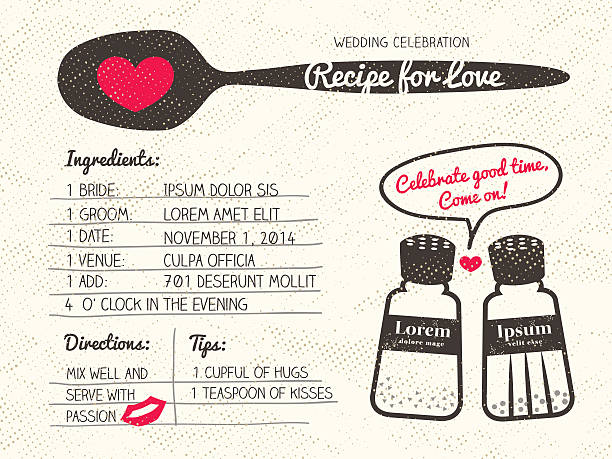 Recipe for Love creative Wedding Invitation Recipe card creative Wedding Invitation design with salt and pepper shaker cooking concept recipe stock illustrations