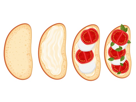 Recipe for making a sandwich with pocherella and tomato. Bruschetta. Healthly food. Vegetarianism. Simple drawing in cartoon style. Vector illustration.