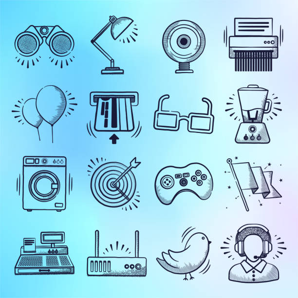 illustrations, cliparts, dessins animés et icônes de recommandation & satisfaction client doodle style vector icon set - programmer machine à laver