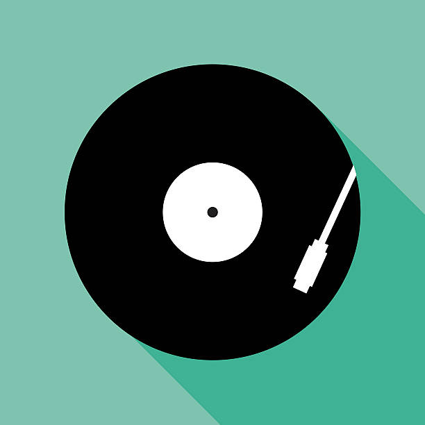 RecordPlayerIcon Vector illustration of a record album being played against a green teal square background. turntable stock illustrations