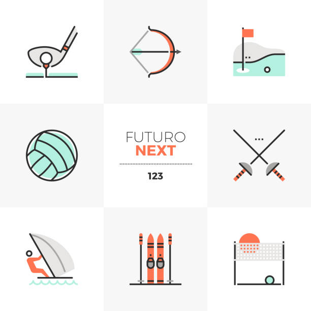 Recreational Sports Futuro Next Icons Modern flat icons set of recreational sports activity, outdoor sports. Unique color flat graphics elements with stroke lines. Premium quality vector pictogram concept for web, branding, infographics. sword beach stock illustrations
