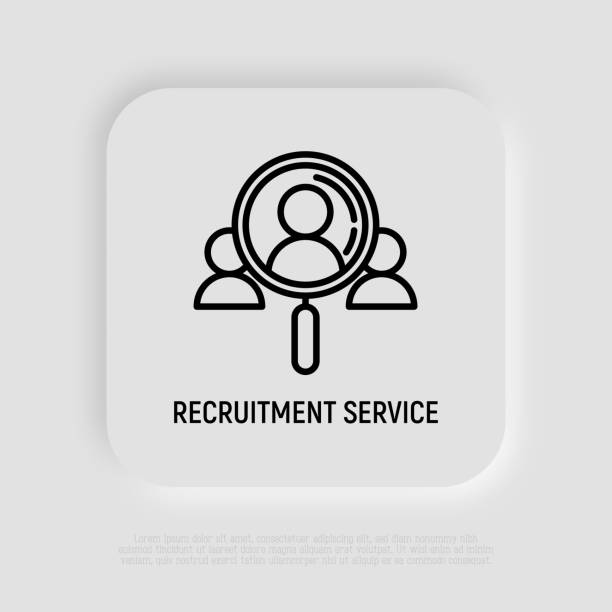 Recruitment service thin line icon, human resources, looking for employee with magnifying glass, candidate searching. Employment. Vector illustration. vector art illustration