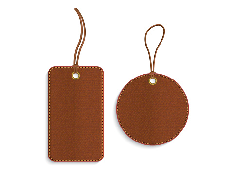 Rectangle and circle leather tags on white background