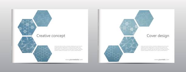 Rectangle brochure template layout, cover, annual report, magazine in A4 size with hexagonal molecule structure. Geometric abstract background. Vector illustration Rectangle brochure template layout, cover, annual report, magazine in A4 size with hexagonal molecule structure. Geometric abstract background dna drawings stock illustrations