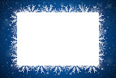 Winter holiday rectangle frame style with fall shining snow. Falling white snow with blue winter sky. Merry Christmas, New Year background, banner, poster, card. Vector frames snowflakes illustration.