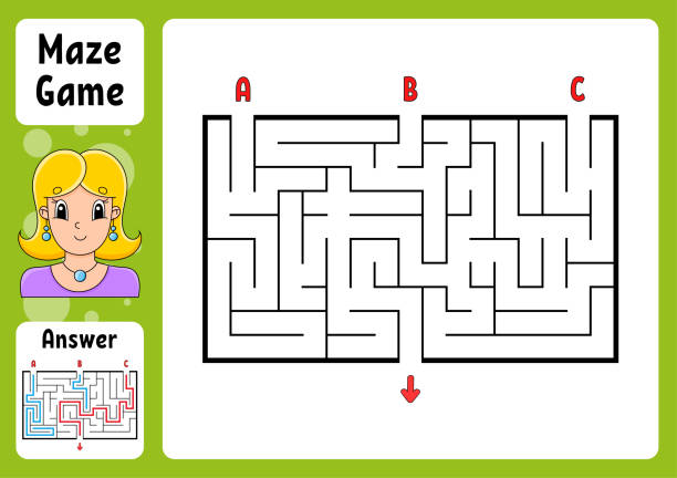 rechteck-labyrinth. spiel für kinder. drei eingänge, ein ausgang. puzzle für kinder. labyrinth-problem. farbvektor-illustration. finden sie den richtigen weg. mit antwort. cartoon-charakter. bildungsarbeitsblatt. - labyrinth stock-grafiken, -clipart, -cartoons und -symbole
