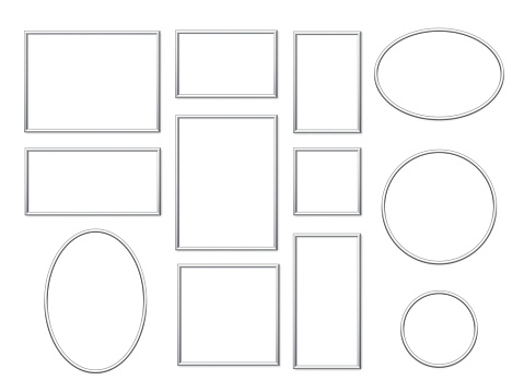 Rectangular and round silver photo or picture frames in different proportions and sizes isolated on white background. Vector chrome borders set. Square, rectangle, oval and circle.