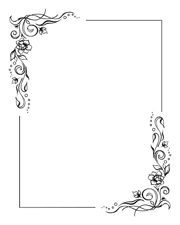 Rectangular floral frame, rose border template with flourishes in two corners. Hand-drawn vintage garland elements. Editable vector design on white background for prints