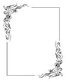 Rectangular floral frame, rose border template with flourishes in two corners. Elegant hand-drawn decorative elements, foliage and blossom. Editable vector design on white background for prints