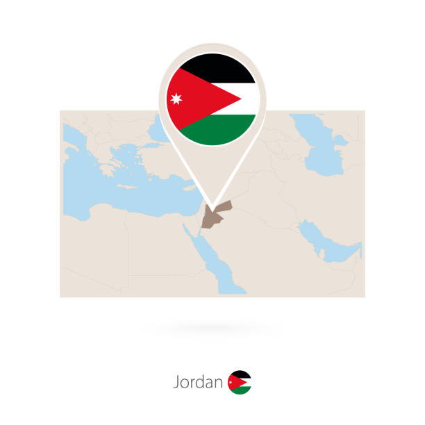 illustrazioni stock, clip art, cartoni animati e icone di tendenza di mappa rettangolare della giordania con l'icona a forma di spillo della giordania - barak