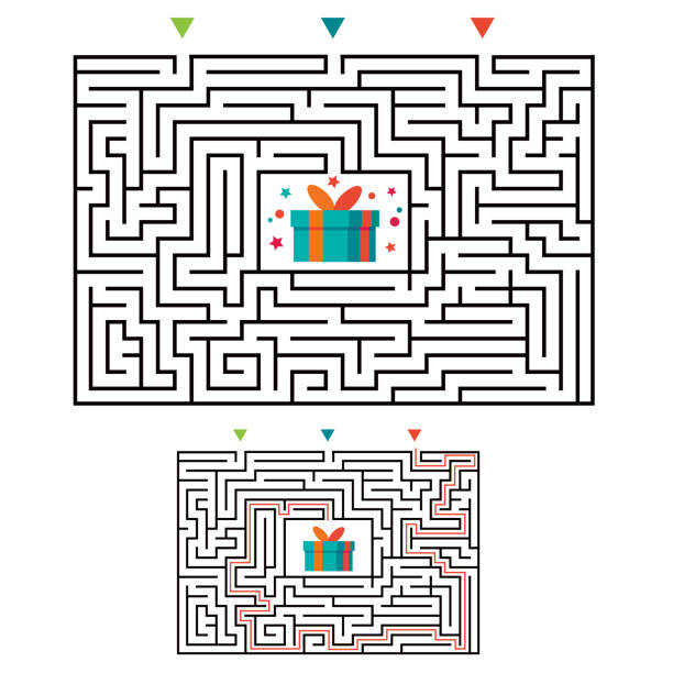 Rectangular maze labyrinth game for kids. Labyrinth logic conundrum. Three entrance and one right way to go. Vector flat illustration Rectangular maze labyrinth game for kids. Labyrinth logic conundrum. Three entrance and one right way to go. Vector flat illustration isolated on white background. maze stock illustrations