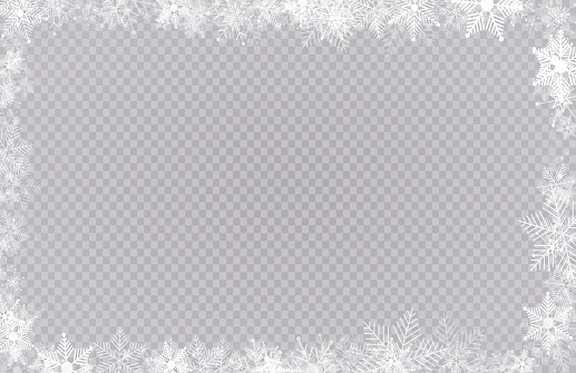 Rectangular winter snow frame border with stars, sparkles and snowflakes on transparent background. Festive christmas banner, new year greeting card, postcard or invitation vector illustration.