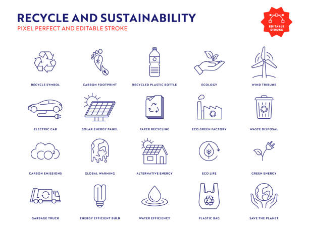 recycling und nachhaltigkeit icon set mit editierbaren strich und pixel perfekt. - nachhaltig stock-grafiken, -clipart, -cartoons und -symbole