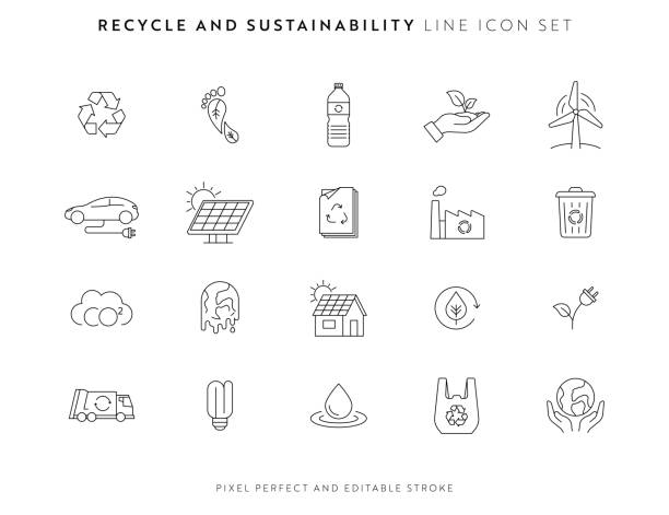 illustrazioni stock, clip art, cartoni animati e icone di tendenza di set di icone per il riciclo e la sostenibilità con tratto modificabile e pixel perfetti. - energia solare