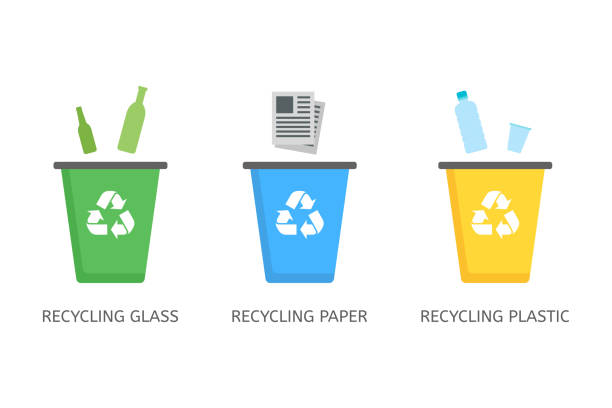 Recycle bins for plastic, paper, glass vector icons in flat style Recycle bins for plastic, paper, glass vector icons in flat style isolated on white background. Waste sorting concept to protect the environment glass material illustrations stock illustrations