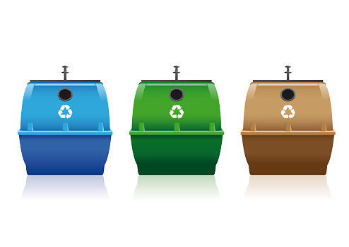 Recycle bins for plastic, paper, glass with