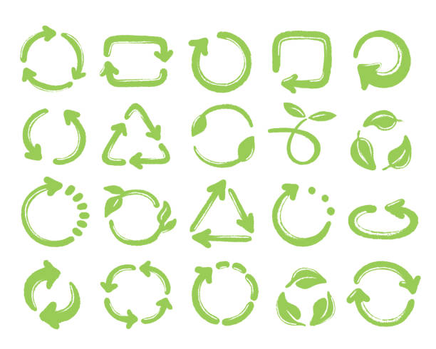 illustrazioni stock, clip art, cartoni animati e icone di tendenza di riciclare le icone del contorno impostate. illustrazione dei simboli vettoriali verdi - riciclaggio