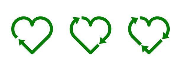 illustrazioni stock, clip art, cartoni animati e icone di tendenza di riciclare il set di simboli cardiaci. icona di riciclo della forma del cuore verde. ricarica segno. riutilizzo, rinnovo, riciclo dei materiali, concetto. - riciclaggio