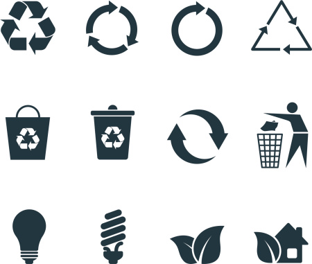 A set of recycle icons grey on white. No gradients and transparencies