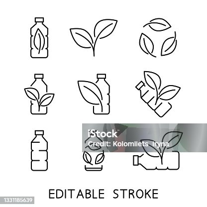 istock Recycle plastic bottle. Biodegradable icons. Icons of plastic bottle with green leaves. Eco friendly compostable material production. Zero waste, nature protection concept 1331185639