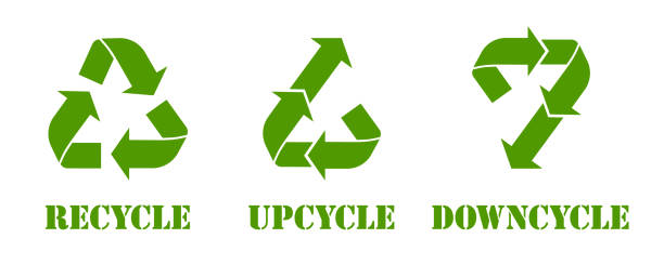 illustrazioni stock, clip art, cartoni animati e icone di tendenza di ricicla le parole downcycle e ricicla i simboli freccia. - upcycling