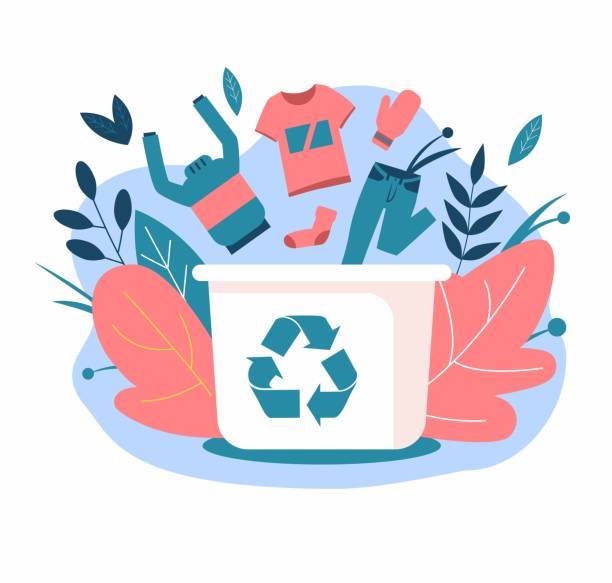 Recycling clothes. Clothes in the garbage container Recycling clothes. Hand over your old clothes for recycling. Clothing falls into a container with a recycling symbol. Flat vector illustrations clothing stock illustrations