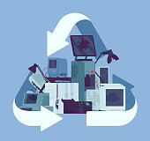 istock Recycling green symbol for electronic appliances waste trash pile 1303875290