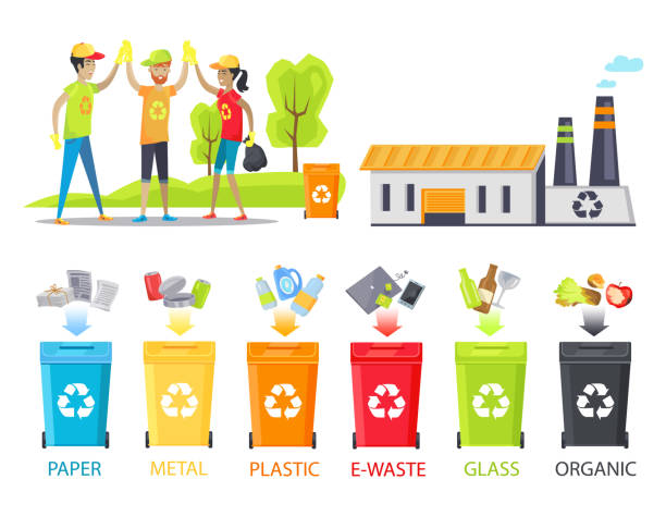 Recycling Plant and Happy Workers Colorful Poster Recycling plant and happy workers colorful poster isolated on white background vector illustration, special trash buckets for different types of waste collection stock illustrations