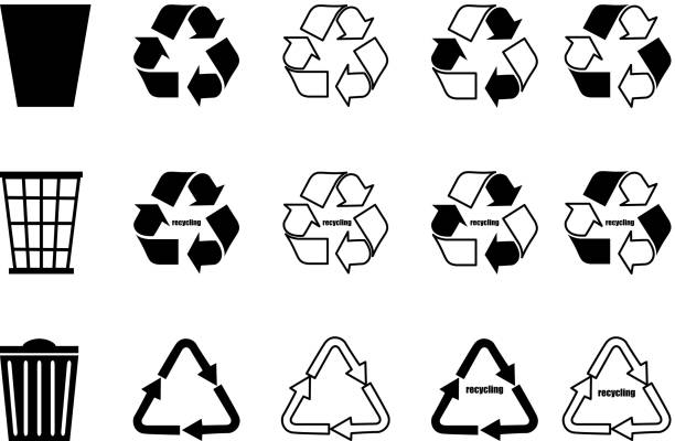 stockillustraties, clipart, cartoons en iconen met recycling set, kan prullenbak, - gerecycled materiaal