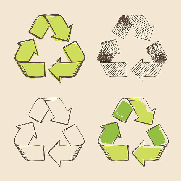 Recycling Symbol Hand Drawing Vector Set of four isolated hand drawing vector recycling symbols. recycling stock illustrations