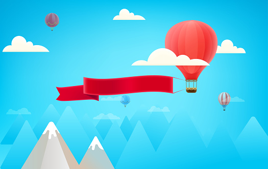 Red air balloon with big advertising banner in a sky above mountains. Cartoon style 3d vector illustration