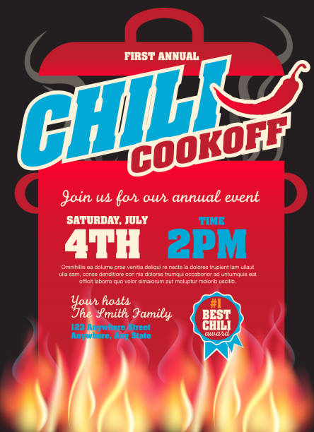 Red and black chili cookoff invitation design template Vector illustration of a Chili Cookoff invitation design template. Bright and colorful. Includes black, red color themes with large crock pot on flames. Black background Perfect for white background design for picnic invitation design template, summer barbecue event, picnic celebration, backyard bbq, private or corporate party, birthday party, fun family event gathering, potluck supper. cooking competition stock illustrations