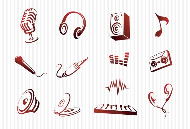 Red and black icons representing audio  vector art illustration