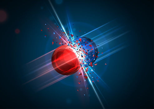 Red and blue particle atom clash
