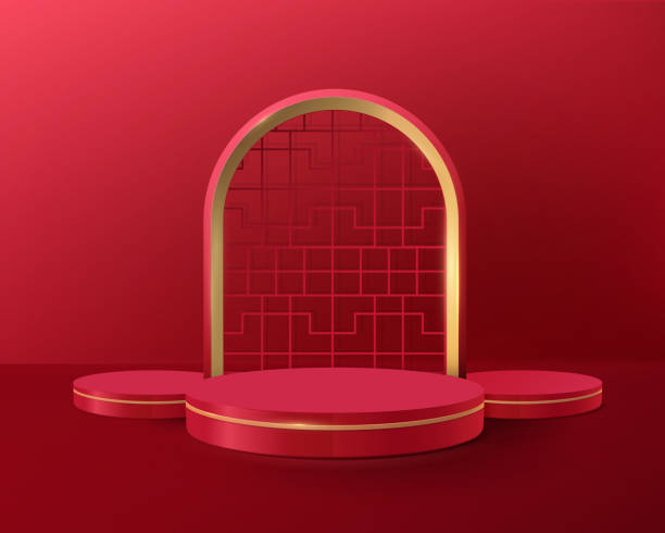 3D red and gold circle shape podium display with vintage Chinese frame. Chinese new year banner or greeting card. Vector Illustration 3D red and gold circle shape podium display with vintage Chinese frame. Chinese new year banner or greeting card. Vector Illustration door borders stock illustrations
