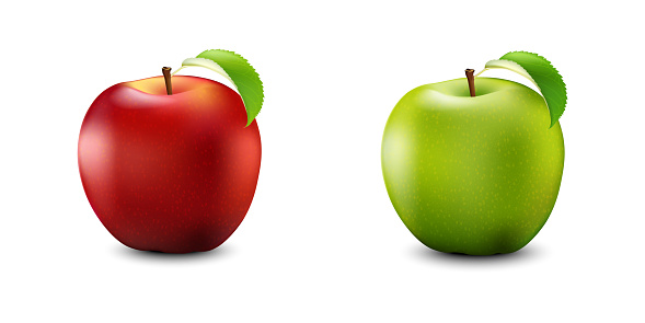 Red and Green Apple Set. Realistic With Leaf. Detailed 3d Illustration Isolated On White.  Vector Illustration.
