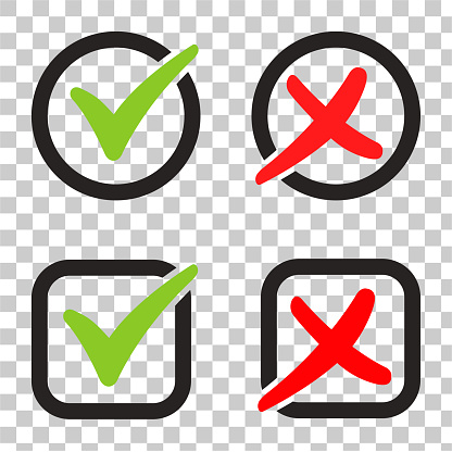 Red and green check marks isolated on transparent background. Vector check mark icons.