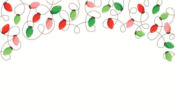 Red and Green Holiday Christmas and New Year Intertwined String Lights on White Background Top Fame Element Red and Green Holiday Christmas and New Year Intertwined String Lights on White Background Top Fame Element. Winter Festive Holiday Print for Greeting Cards and Banner light through trees stock illustrations