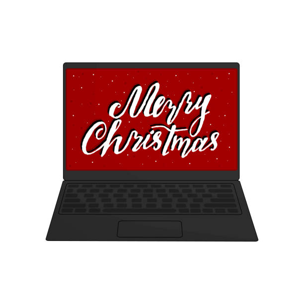 bildbanksillustrationer, clip art samt tecknat material och ikoner med röd och vit god jul hand ritas bokstäver text med snö på laptop skärm - home office