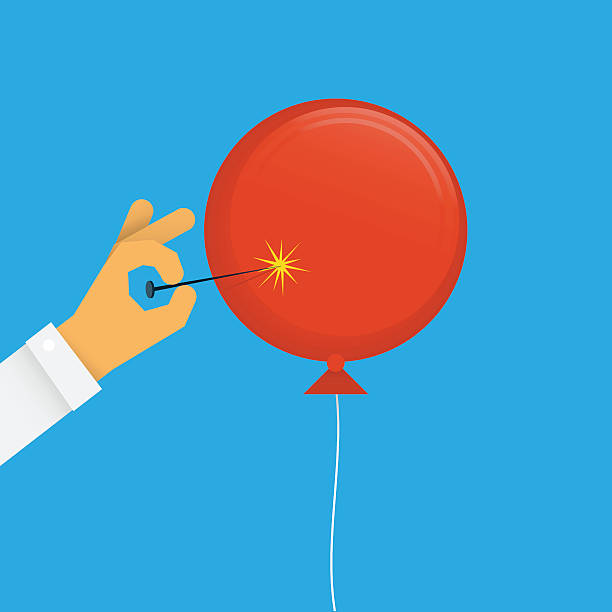 red balloon in process of getting popped - balloon needle stock illustratio...
