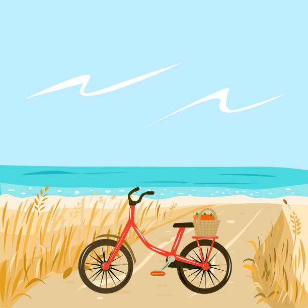stockillustraties, clipart, cartoons en iconen met rode fiets op het strand door het overzees - fietsen strand