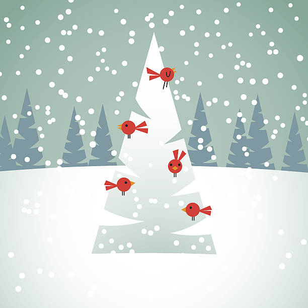 Red Birds on Christmas Tree Christmas background with spruces, snow and red birds. image stock illustrations