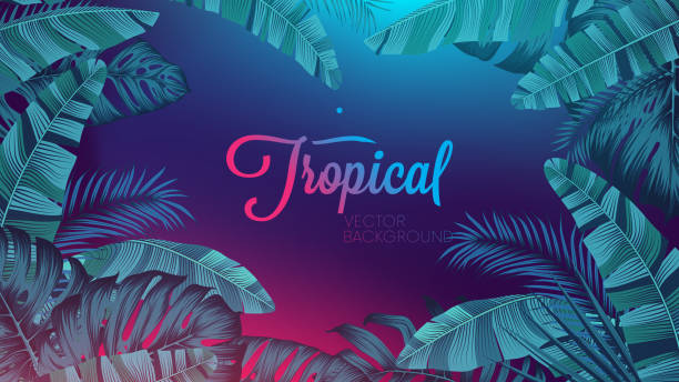 Red blue neon light, trendy background with tropical vector plant and leaf Red blue neon light, trendy background with tropical vector plant and leaf banana backgrounds stock illustrations