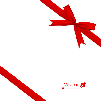 Red bow with diagonally ribbon on the corner. Vector tie.