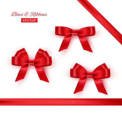 Red bows and ribbons. Vector realistic design elements set.