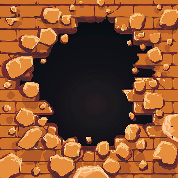 red brick wall hole - crumble stock illustrations
