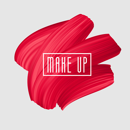 Red brush painted smear for makeup icon. Vector beautiful brushstroke, female girly banner. Red Lipstick Mark.