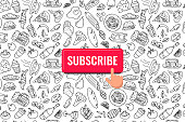 Red button subscribe with press hand cursor click on hand drawn food cookery sketch doodle pattern. Subscribtion to blogger streaming social media channel. Newsletter content send vector illustration